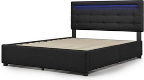Łóżko dla dorosłych 140x200 cm - Łóżko małżeńskie z 2 szufladami i oświetleniem LED - pościel czarna - materac w komplecie