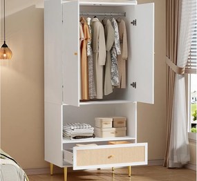 Szafa 80x48x175 cm - z 1 szufladą i 2 drzwiami - z wieszakiem na ubrania i otwartą przegródką do przechowywania - Biały + Naturalny