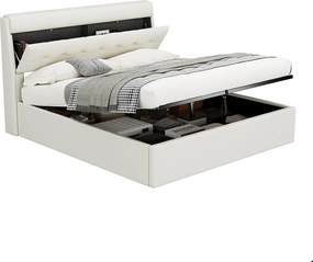 Łóżko 160x200 cm - z ekoskóry - wezgłowie z miejscem do przechowywania - Białe
