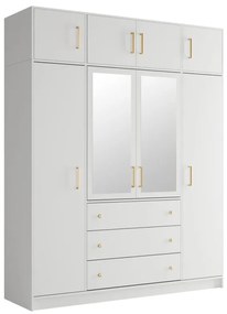 Szafa 4-drzwiowa z 3 szufladami - Z lustrami - szer. 196 cm - Biały + Nadstawka - LIZANDRO