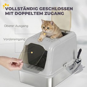PawHut Kuweta dla kota z pokrywą, łopatka do żwirku, wejście z przodu i wyjście u góry, stal nierdzewna, do 8 kg | Aosom PL