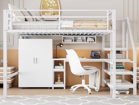 Łóżko mezzanine 140x200 cm z metalu - z biurkiem, szafą i drabiną do przechowywania - Białe