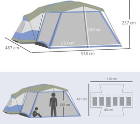 Outsunny Namiot Rodzinny 6-8 Osób - Włókno Szklane, Niebieski, z Przedsionkiem - Wakacyjna Przygoda