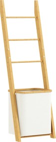 HOMCOM Regał łazienkowy, 2-w-1 z 3 drążkami, wyjmowany kosz na pranie 48L, bambusowy, 43 x 35 x 133 cm, kremowy | Aosom PL