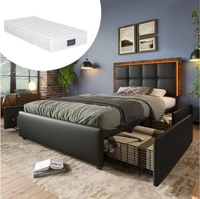 Łóżko tapicerowane ze schowkiem - 90 x 200 cm - Materac + LED-y + 4 szuflady + Regulowany zagłówek - Skóra PU - Czarny