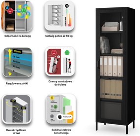 Witryna szklana do salonu wąska metalowa czarna LUIGI Modern 500 x 1800 x 350 mm
