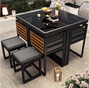 Zestaw mebli ogrodowych 6-osobowy - 4 krzesła + 2 stołki + stół - blat szklany - szkło + metal - szary