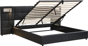 Łóżko ze schowkiem 180 x 200 cm i dużym zagłówkiem - Port USB i ładowanie bezprzewodowe oraz lampa świetlna - Tkanina lniana - Czarny (bez materaca)