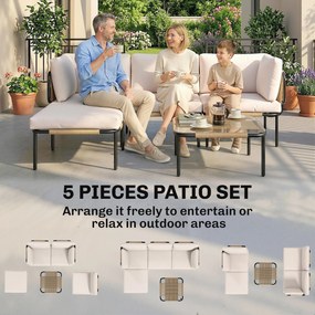 Outsunny Zestaw mebli z polirattanu 5-częściowy, 3 fotele, stolik ze szkła, podnóżek, szerokie i głębokie siedziska, zdejmowane poduszki | Aosom PL