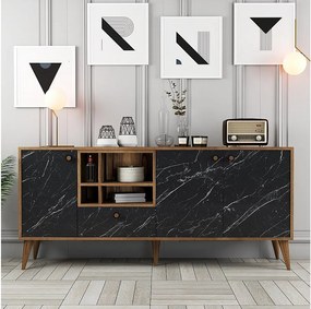 Elegancka komoda – 180 x 81 x 35 cm – kolor czarny i orzechowy – płyta wiórowa z powłoką melaminową