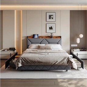 Łóżko 140×200 cm z drewna i metalu, ergonomicznym zagłówkiem, przestrzenią do przechowywania, portami USB/Typ-C i 4 szufladami.