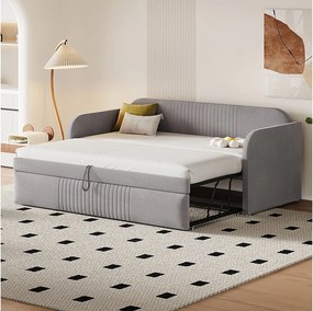 Łóżko wysuwane 90/180 x 190 cm - tkanina lniana - wzór w pionowe paski - kolor jasnoszary (materac nie jest zawarty w zestawie)