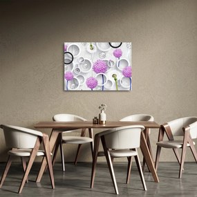 Obraz na szkle - abstrakcja 3D z koła i kwiaty (70x50 cm)