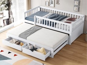 Sofa z łóżkiem z litego drewna 90×200 cm - z łóżkiem wysuwanym - 2 szuflady - z ogrodzeniem zabezpieczającym - białe (materac nie jest zawarty)