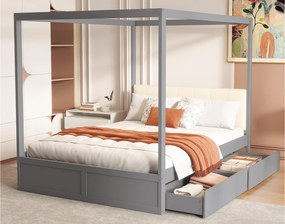 Łóżko z baldachimem 140x200cm z drewna - z tapicerowanym wezgłowiem i 2 szufladami - Szare