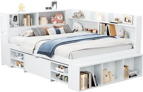 Łóżko dziecięce z pojemnikiem - 135 x 190 cm - z szufladami + półkami + stelażem - drewno - białe