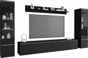 Zestaw mebli do salonu z LED 4 elementy – szafka RTV 180 cm, 2 witryny i półka, meblościanka stojąca lub wisząca czarny mat