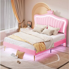 Łóżko dziecięce 140 x 200 cm – z zagłówkiem, oświetleniem LED, stelażem – różowe – bez materaca