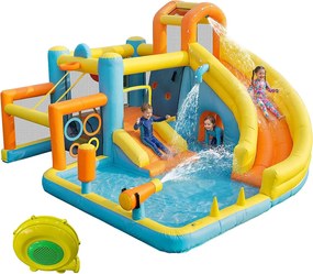 Nadmuchiwany zamek dla dzieci 9-w-1: Plac Zabaw ze Zjeżdżalnią, Trampoliną, Ringiem Bokserskim, Ścianą Wspinaczkową i Koszykówką - Dmuchawa 450W - 405x416x218cm