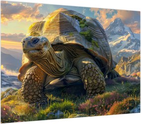 Obraz na szkle - Żółw i górski krajobraz (70x50 cm)