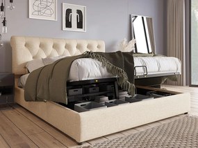 Łóżko z tapicerowanym zagłówkiem z lnu - 140x200cm - z stelażem na listwach - Jasny naturalny