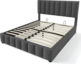 Łóżko tapicerowane dwuosobowe z pojemnikiem na pościel - 140 x 200 cm - z regulowanym zagłówkiem + metalowy stelaż - len - szary (z materacem)