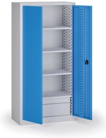 Szafa warsztatowa, 4 półki + 2 szuflady, 1950 × 950 × 500 mm, niebieskie drzwi