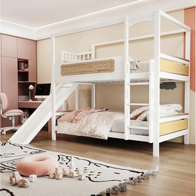 Łóżko piętrowe dla dzieci - 2 x 90 x 200 cm - w kształcie domku - z barierkami + zjeżdżalnia + drabinka - drewniane - białe
