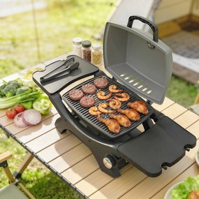 Outsunny Grill gazowy 3,3 kW Stołowy grill z 1 palnikiem składane boczne stoliki ruszty żeliwne wyjmowana taca na tłuszcz | Aosom PL