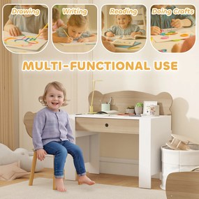 AIYAPLAY Zestaw biurka i krzesła dla dzieci z misiem i szufladą, do pisania i majsterkowania, 3-8 lat, Drewno naturalne
