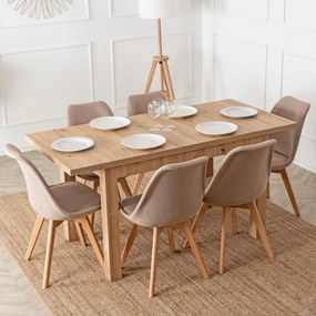 Zestaw Stół Prostokątny Rozkładany SKUBI 120-160 cm Dąb Artisan i 6 Krzeseł Tapicerowanych NEVEL Beżowych Skandynawskich