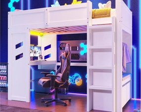 Łóżko na antresoli 90x200 cm - z biurkiem - z oświetleniem LED - z 1 portem USB - z drabiną + szufladą + suszarką - Biały