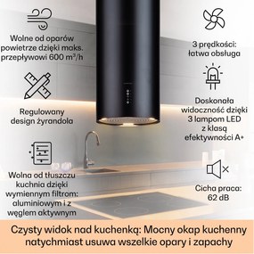 Klarstein Bolea 90cm 651m³/h Okap Wyspowy Czarny