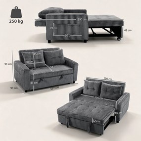 HOMCOM Sofa-łóżko 2-osobowa, pokrycie ze sztruksu, przekształcalna w sofę rozkładaną, 2 poduszki, kieszenie boczne, 157 x 190 cm, ciemnoszara | Aosom PL