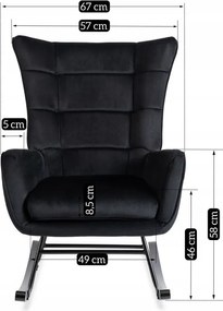 Fotel Bujany na Biegunach Uszak Wypoczynkowy JACKSON Czarny Welurowy do Salonu Nowoczesny