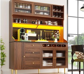 Kredens kuchenny 145x39x171 cm - z oświetleniem LED - 4 drzwi szklane - 3 szuflady - z panelem perforowanym - Brązowy