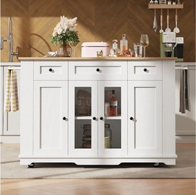 Mobilna wyspa kuchenna z 4 drzwiami, 3 szufladami i półkami bocznymi - Rozkładany blat - 151,5x60(85)x91,7 cm - MDF + szkło - Biały