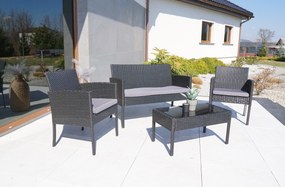 Meble Ogrodowe RIMNI Zestaw Sofa Fotel Stół na Taras Ogród TECHNORATTAN Czarny Szare Komfortowe Poduszki