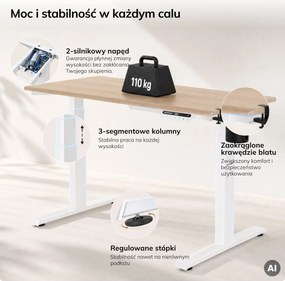 Biurko elektryczne z regulacją wysokości ergonomiczne białe/dąb sonoma,1200x600 mm: ARIA