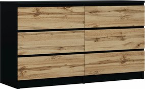 Komoda z 6 szufladami: czarny matowy / dąb wotan, 138 x 39 x 79 cm