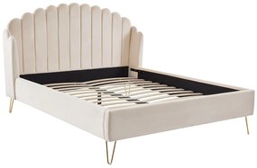 Łóżko 140 x 190 cm z zagłówkiem płotkiem - Welur - Beżowy + Materac - SAGALI