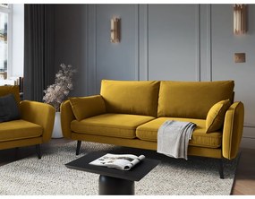 Żółta aksamitna sofa z czarnymi nogami Kooko Home Lento, 198 cm