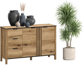 Komoda Dwudrzwiowa z Szufladami i Lamelami Drewniana do Salonu VERVE 138 cm Dąb Evok Klasyczna Loft