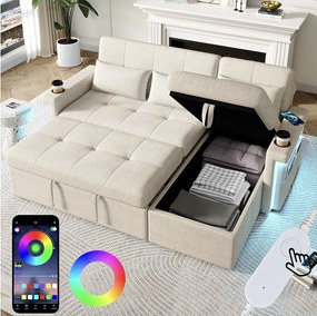 Rozkładana sofa rozkładana - 209 x 141,5 x 90 cm - z diodami LED + USB + regulowanym oparciem + schowkiem - Chenille - beżowa