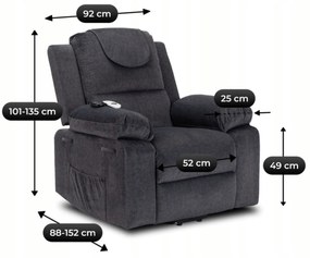 Fotel Masujący FENIX z Funkcją Wstawania Elektrycznie Rozkładany Ciemny Popiel Nowoczesny
