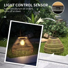 Outsunny Lampa solarna z rattanu do ogrodu Wodoodporna z czujnikiem światła Design bębna Stal żółta | Aosom PL
