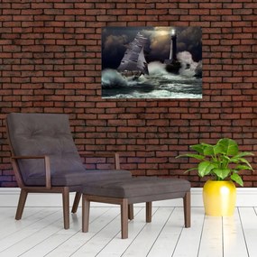 Obraz - Statek płynący przez wzburzone fale (70x50 cm)