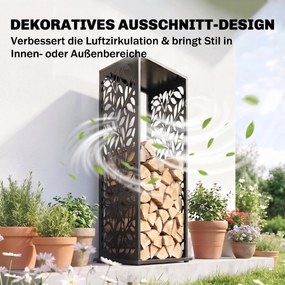 Outsunny stojak na drewno 38 x 38 x 112cm podwyższony regał na drewno opałowe z 4 haczykami dekoracyjne wycięcia do 100 kg stal | Aosom PL