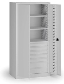 Szafa warsztatowa na narzędzia KOVOS, 3 półki, 7 szuflad, perforowana, 950 x 600 x 1950 mm, szary