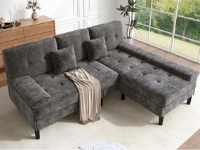 Kanapa narożna w kształcie litery L 3-osobowa - z 2 poduszkami - Odłączany puf - Tkanina chenille - Szary
